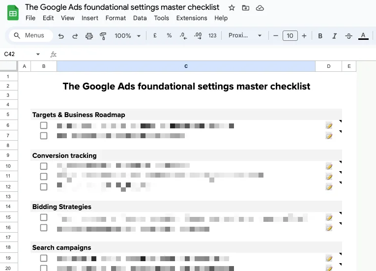 Preview of the Google Ads master checklist