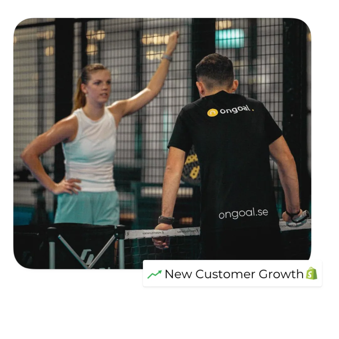 Padel players in Ongoal apparel on court, with a new customer growth badge