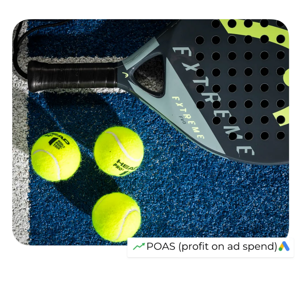 Padel racket and balls with a POAS (profit on ad spend) badge