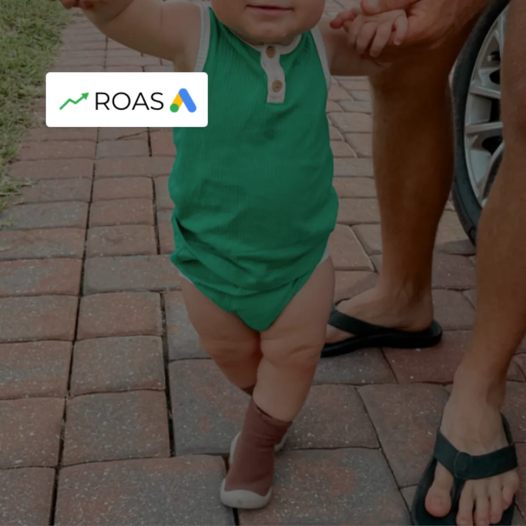 Child walking in the brand’s shoes, with a Google Ads ROAS badge