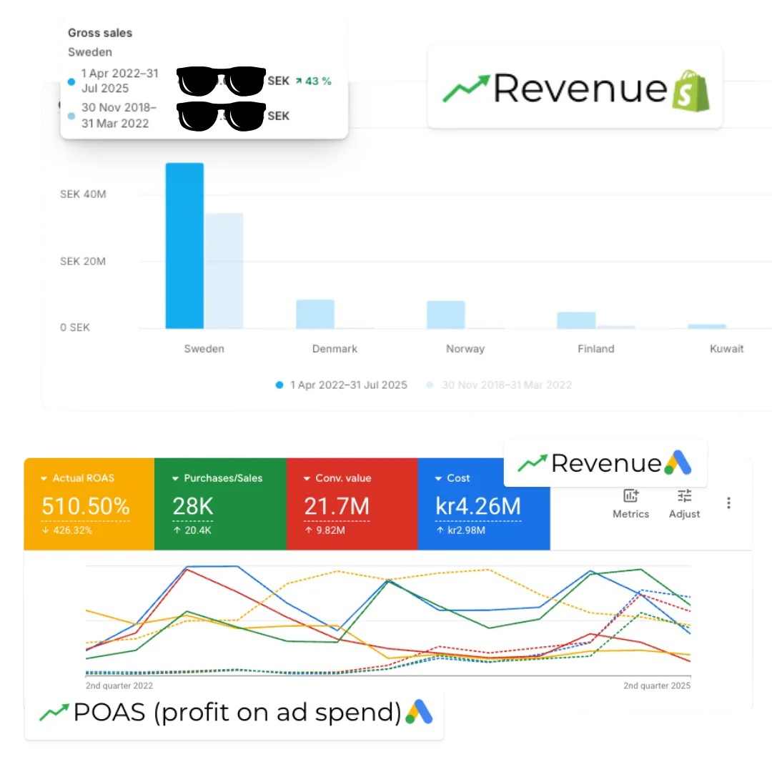 Shopify sales by country and Google Ads results: 21.7M conversion value at 511% POAS